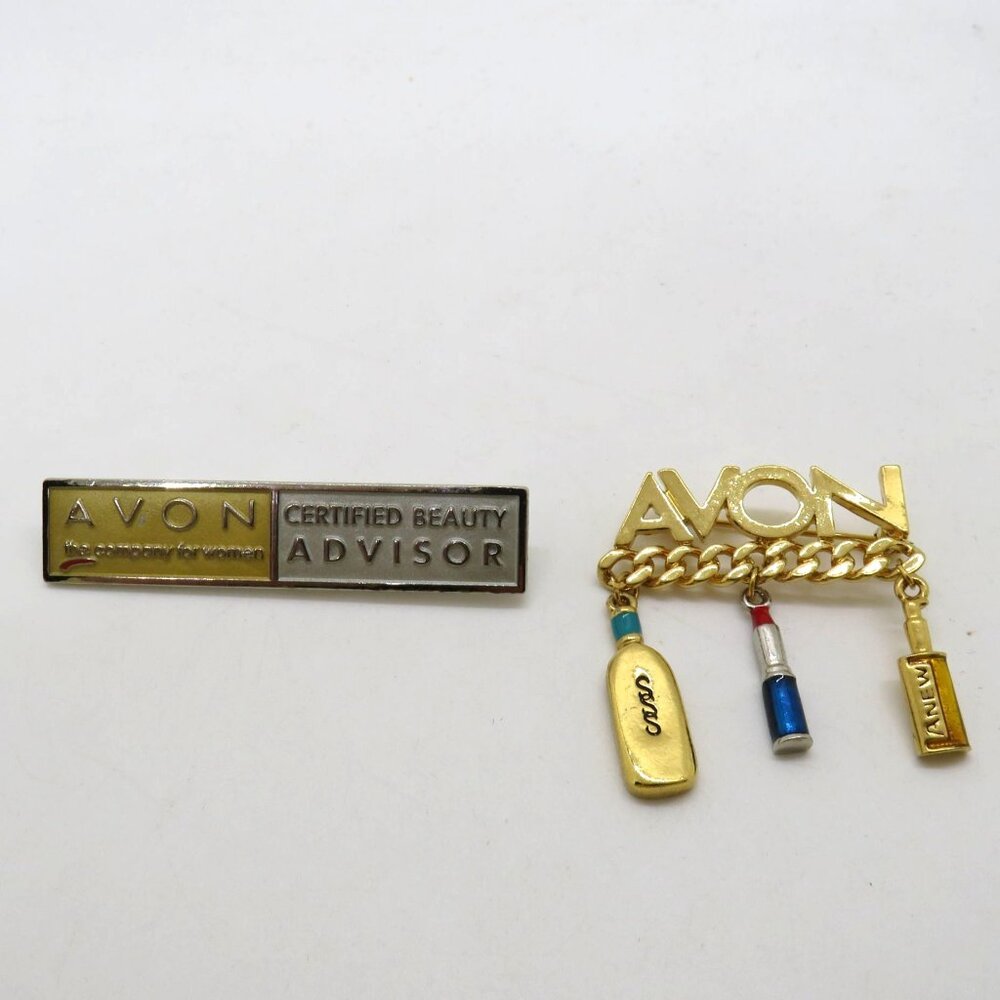 Lot 2 Avon Brooches Certified Beauty Advisor Badge Charm Pin Makeup Dangles